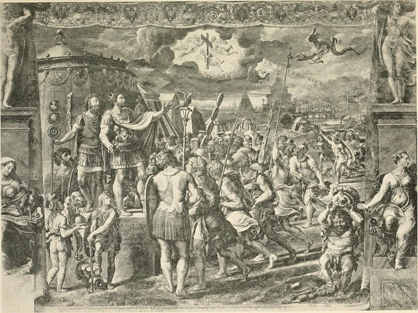 A detailed black and white vintage engraving depicting a bustling military camp from antiquity. On a raised platform to the left, a Roman commander dressed in imperial armor and a flowing cape addresses a large gathering of soldiers who carry shields and standards. He points toward a dramatic break in the storm clouds above. In the sky, a glowing Christian cross is flanked by angels, alongside a banner with Greek lettering. The entire scene is framed like a grand tapestry draped between classical stone pillars and statues.