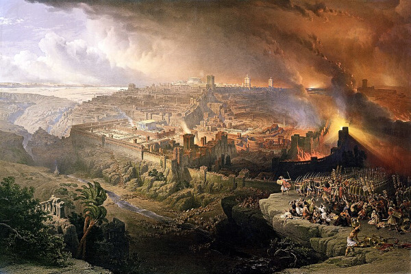 A dramatic 19th-century oil painting depicting the Roman siege and destruction of Jerusalem. The ancient city stretches across rugged hills under a dark, storm-filled sky. Massive stone walls and complex Roman fortifications are visible. On the right, the grand Second Temple complexes are engulfed in bright orange flames and thick columns of black smoke. In the foreground, Roman soldiers with raised spears and banners stand on a rocky precipice. They look down upon a chaotic valley filled with fleeing citizens and advancing military legions.