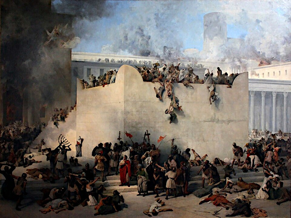 A dramatic 19th-century oil painting capturing the chaotic and violent sack of the Second Temple in Jerusalem by Roman soldiers. In the center, a massive, smooth stone altar is crowded with desperate people, some of whom are falling or being thrown over the side. Below, Roman legionaries clad in armor and helmets clash with citizens amidst fallen bodies. To the left, a soldier defiantly raises a golden Menorah above the crowd, while heavy, dark smoke billows from the burning Temple architecture on either side.