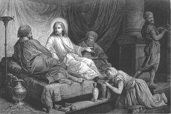 A black and white 19th-century engraving by Alexandre Bida depicting a biblical scene indoors. A woman kneels humbly on the floor, wiping the feet of Jesus with her long hair. Jesus is seated on a low cushioned bench with a soft glowing halo around his head, gesturing outward with one hand. Two bearded men in robes look on from the seating area, while another man enters from the right carrying a platter.