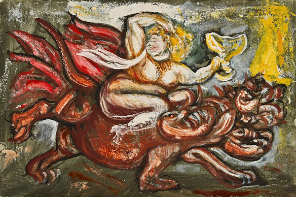 An expressionist painting by Mexican artist José Clemente Orozco depicting the Whore of Babylon from the Book of Revelation. A full-figured, nude woman with curly blonde hair rides atop a multi-headed, reddish-brown beast with jagged features and multiple horns. She aggressively holds a golden chalice aloft in her left hand while throwing her right arm over her head. The painting features bold, heavy black contours, thick impasto strokes, and a muted olive-green background with a bright yellow splash of light in the top-right corner