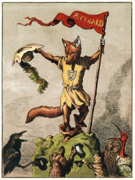 A vintage color illustration showing an anthropomorphic fox standing atop a grassy mound, acting as a leader or speaker. The fox wears a yellow tunic featuring a small shield emblem with a fox face on it. He holds aloft a long wooden staff flying a red banner that reads "REYNARD". In his other hand, he tips a wide-brimmed hat decorated with a long green plume. Gathered around the base of the mound, various animals listen attentively, including a black crow, a bear holding up a cup, a cat, an owl, and a long-necked bird.