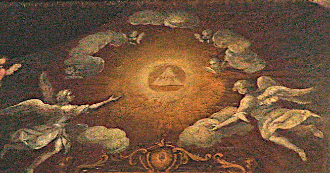 A classical European church fresco showing the Hebrew Tetragrammaton inscribed inside a glowing triangle, surrounded by a radiant golden light, cherubim, and two winged angels reaching out from the clouds