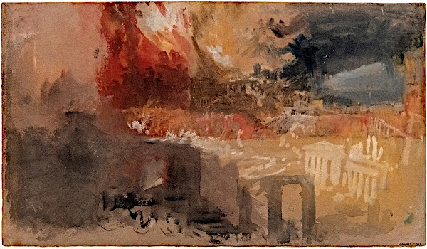An abstract Romantic landscape painting by J.M.W. Turner titled "The Burning of Rome," featuring loose, expressive watercolor brushstrokes of a fiery red and orange inferno consuming an ancient city under dark smoke.