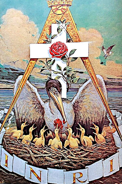 A Rosicrucian illustration by John Augustus Knapp featuring a pelican in its nest piercing its breast to feed seven chicks, positioned in front of a white cross with a red rose and a large golden Masonic compass topped by a crown.