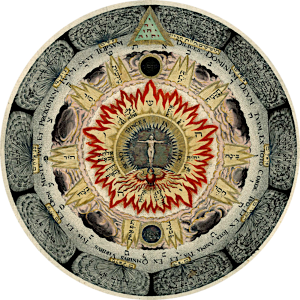 A circular Hermetic alchemical diagram titled "The Cosmic Rose" by Heinrich Khunrath, featuring a central figure of Christ with outstretched arms inside a radiant, multi-layered sunburst pattern surrounded by Hebrew inscriptions.