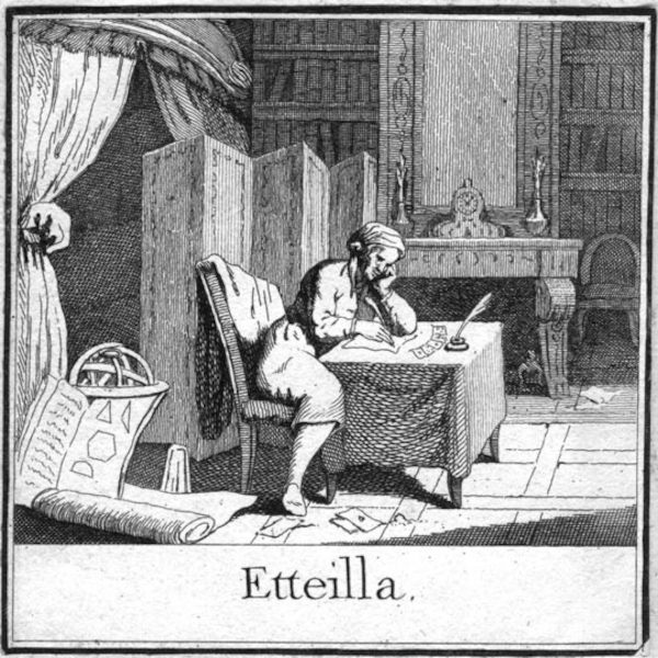 A black-and-white engraving titled "Etteilla" at the bottom center. The scene shows a man in 18th-century attire sitting at a small wooden writing table, leaning on his left elbow while deep in thought as he writes with a quill on a sheet of paper. On the table sits an inkwell with another quill and a small row of upright cards. The study room is filled with scholarly items, including a massive bookshelf lining the back wall, a fireplace mantel holding a decorative clock, a folding privacy screen, and a large rolled-up manuscript on the floor revealing geometric diagrams next to an armillary sphere.