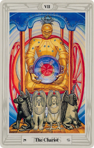 The Chariot tarot card from the Crowley-Harris Thoth deck, featuring a knight in golden armor holding the Holy Grail, seated inside a canopy of stars drawn by four interlocking sphinxes.
