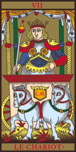 Historical woodcut of the Chariot tarot card from the 1650 Jean Noblet Tarot de Marseille. A crowned king stands inside a rectangular chariot with a canopy, holding a scepter, while two horses face opposing directions.