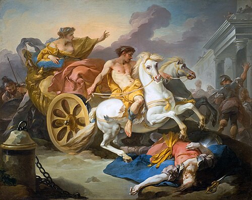 Classical 18th-century painting of Tullia pointing forward from a gilded chariot, ordering her male charioteer on a white horse to drive over the dead body of her father on the ground.