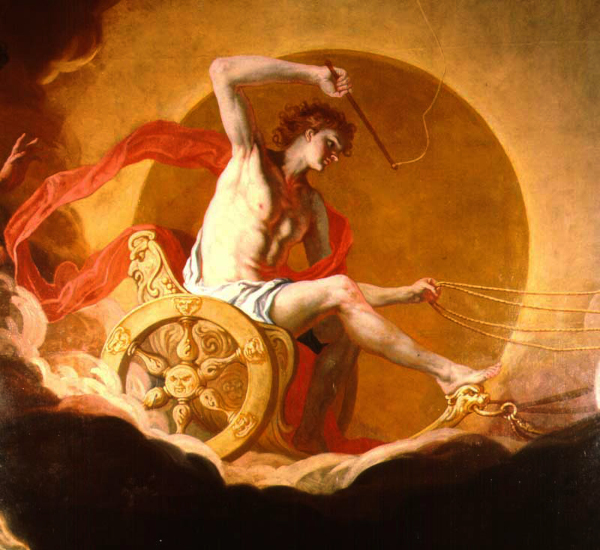 AI Mode Conversation: I need an alt text description for this.You sent: 1 image and said: I need an alt text description for this.I need an alt text description for this.An oil painting of the Greek god Helios riding his golden sun chariot across a dark sky. Helios is depicted as a muscular, fair-skinned young man with wavy, reddish-brown hair. He wears a flowing bright red cloak that billows behind him and a white drape around his waist. He sits dynamically in the ornate chariot, leaning forward with his left leg extended. In his raised right hand, he wields a whip, while his left hand tightly holds the golden reins guiding invisible horses. The chariot’s wheel features a prominent sculpted sun face at its center, surrounded by sunbeams. A massive, glowing golden sun disk dominates the background directly behind him, casting a radiant warmth that contrasts sharply with the deep, dark clouds rolling beneath the chariot.