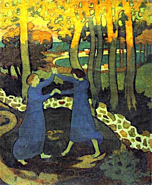 Symbolist oil painting by Maurice Denis showing two figures in dark blue robes wrestling inside a mystical forest with stylized, glowing yellow and orange tree trunks.