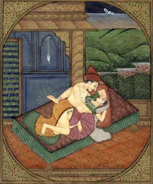 This classical Indian miniature painting depicts an upscale domestic setting, reflecting the Kama Sutra’s emphasis on cultivating a refined environment—including a beautifully prepared chamber, fragrance, and aesthetics—to elevate human desire and connection.