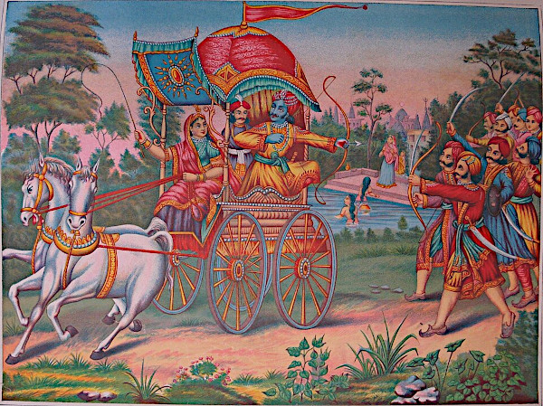 A vibrant 19th-century Indian lithograph showing the princess Subhadra holding the reins of a horse-drawn chariot, while Arjuna draws his bow to fight off oncoming guards. Lord Krishna stands behind them within the decorated canopy.