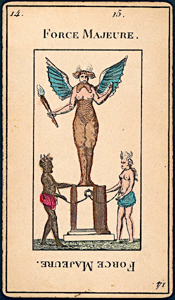 An 18th-century tarot card from the Grand Etteilla deck, numbered 14 and 15 at the top corners, titled "FORCE MAJEURE" in bold black lettering. The central image depicts a winged, goat-horned figure with a human torso and hairy animal legs standing on a small stone column. The figure has bright blue bird-like wings, holds a lit torch in one hand, and has small flames rising from its head. Chained to the base of the column are two smaller figures: a dark-skinned male on the left wearing a pink loincloth, and a light-skinned female on the right wearing a blue loincloth. The background is a clean, off-white card stock, and the title "FORCE MAJEURE" is printed upside down at the bottom of the card.