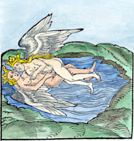 The "Fermentation" stage from the Rosarium philosophorum (Frankfurt, 1550). This woodcut symbolizes the Hieros Gamos (sacred marriage), where opposing dualities unite to generate transformative power. This specific alchemical imagery was famously adapted by Leonard Cohen for the original cover artwork of his 1974 album, New Skin for the Old Ceremony.philosophorum (Frankfurt, 1550)