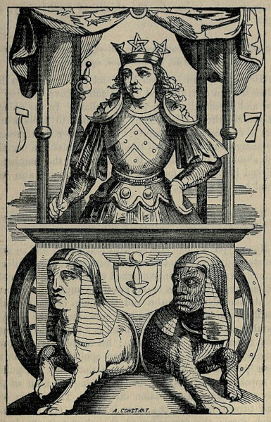Black and white occult drawing by Eliphas Levi of the Chariot tarot card. A crowned figure stands in a cubic chariot adorned with a winged globe emblem, flanked by two sphinxes facing opposite directions.