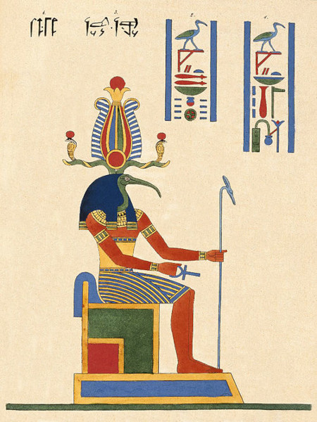 A colorful 19th-century French lithograph depicting the ancient Egyptian god Thoth. He is shown as a green-skinned man with the distinct head of an ibis bird, wearing an elaborate pharaonic kilt and holding an ankh and a scepter. He is seated upon an ornate golden throne decorated with hieroglyphs.