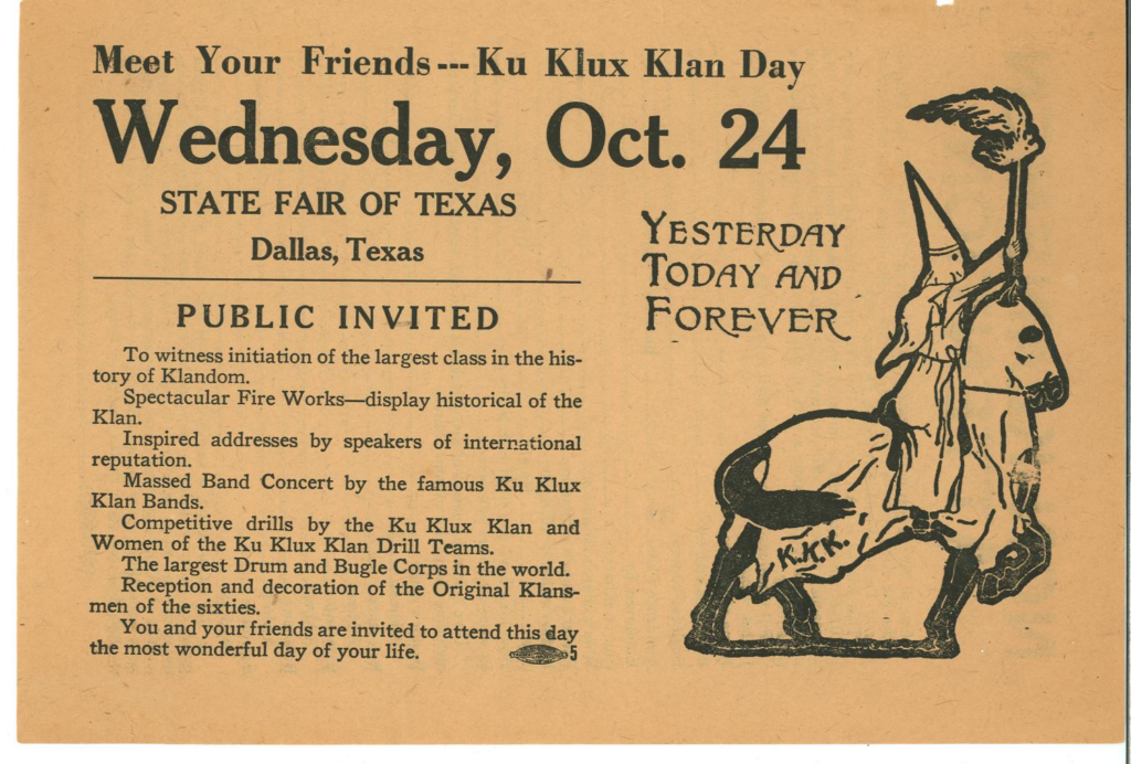 [Flyer for Ku Klux Klan Day], pamphlet, 1923; (https://texashistory.unt.edu/ark:/67531/metapth31223/: accessed March 30, 2026), University of North Texas Libraries, The Portal to Texas History, https://texashistory.unt.edu; crediting Star of the Republic Museum.