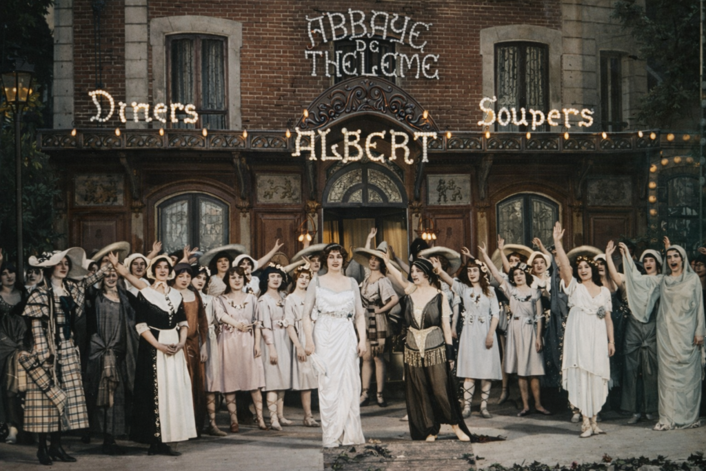 Colorized photograph of a large group of female stage performers in diverse costumes standing in front of a theatrical set designed to look like the Abbaye de Thélème.