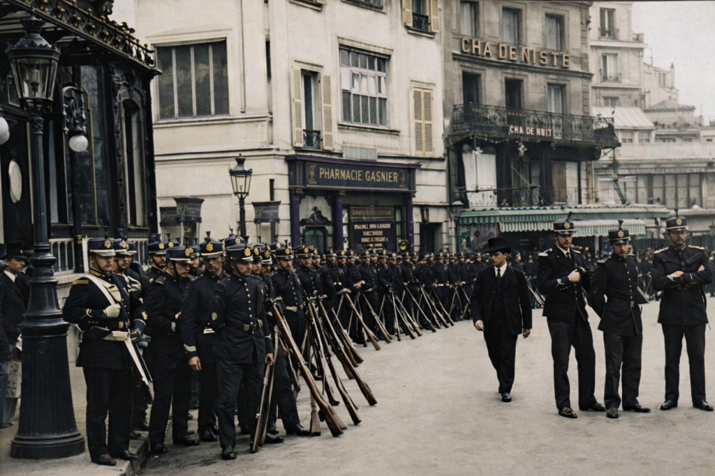 Colorized photograph from 1909 showing a long line of French municipal guards in dark blue uniforms and kepis standing at attention in Place Pigalle.