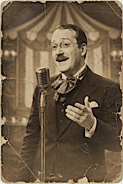 Distressed sepia photograph of Augustin Martini in a suit and large silk bow tie, speaking into a vintage silver microphone on a circus-themed stage.