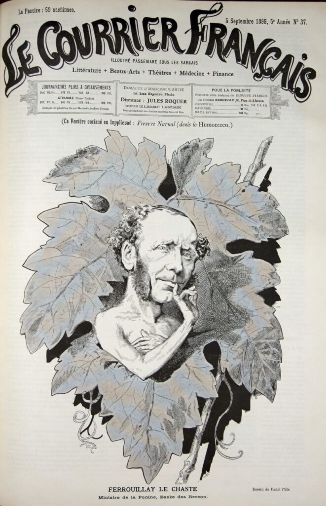 A colorized caricature from the cover of Le Courrier Français, showing a man's head and torso emerging from a giant vine leaf.