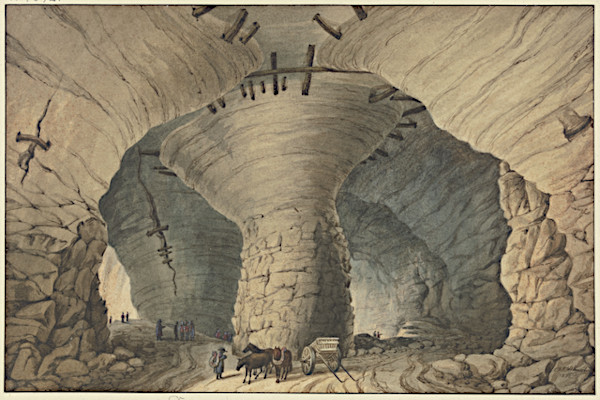 A colored lithograph of the gypsum mines beneath Montmartre by Ludwig Daniel Philipp Schmidt, featuring massive stone pillars, tiny human figures, and horse-drawn carts within a vast subterranean cavern.