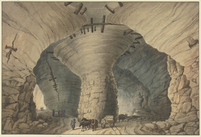 A colored lithograph of the gypsum mines beneath Montmartre by Ludwig Daniel Philipp Schmidt, featuring massive stone pillars, tiny human figures, and horse-drawn carts within a vast subterranean cavern.