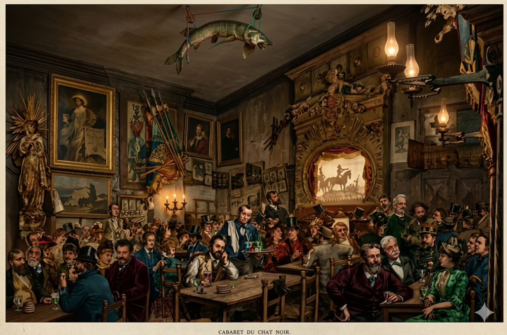 Colorized vintage illustration of the crowded interior of Le Chat Noir cabaret in Paris, featuring patrons at tables, eclectic wall decor, and a shadow puppet stage.