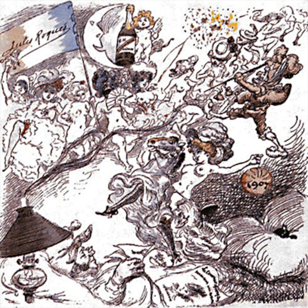 Whimsical illustration by Adolphe Willette showing a man dreaming of a festive parade of dancers, cherubs, and champagne under a banner for Jules Roques.