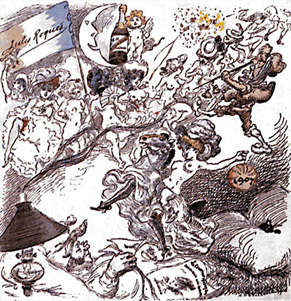 Whimsical illustration by Adolphe Willette showing a man dreaming of a festive parade of dancers, cherubs, and champagne under a banner for Jules Roques.