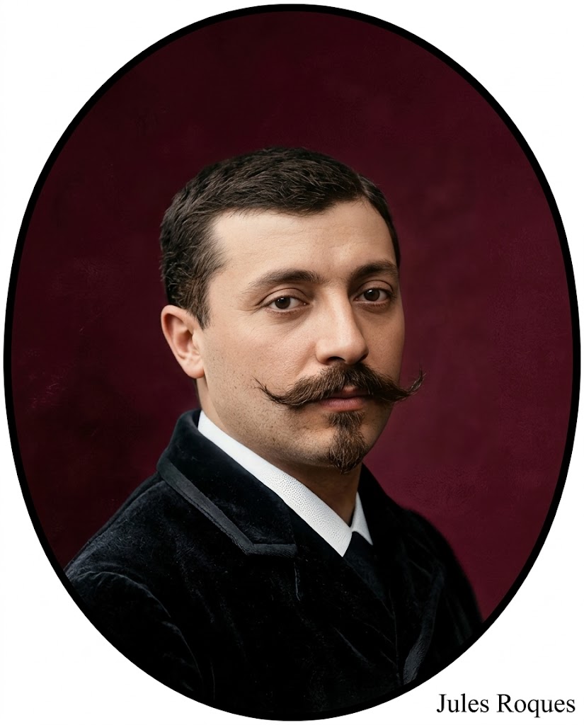 Colorized, oval-framed portrait of Jules Roques, featuring his distinctive upturned waxed mustache, soul patch, and dark velvet jacket against a deep red background.