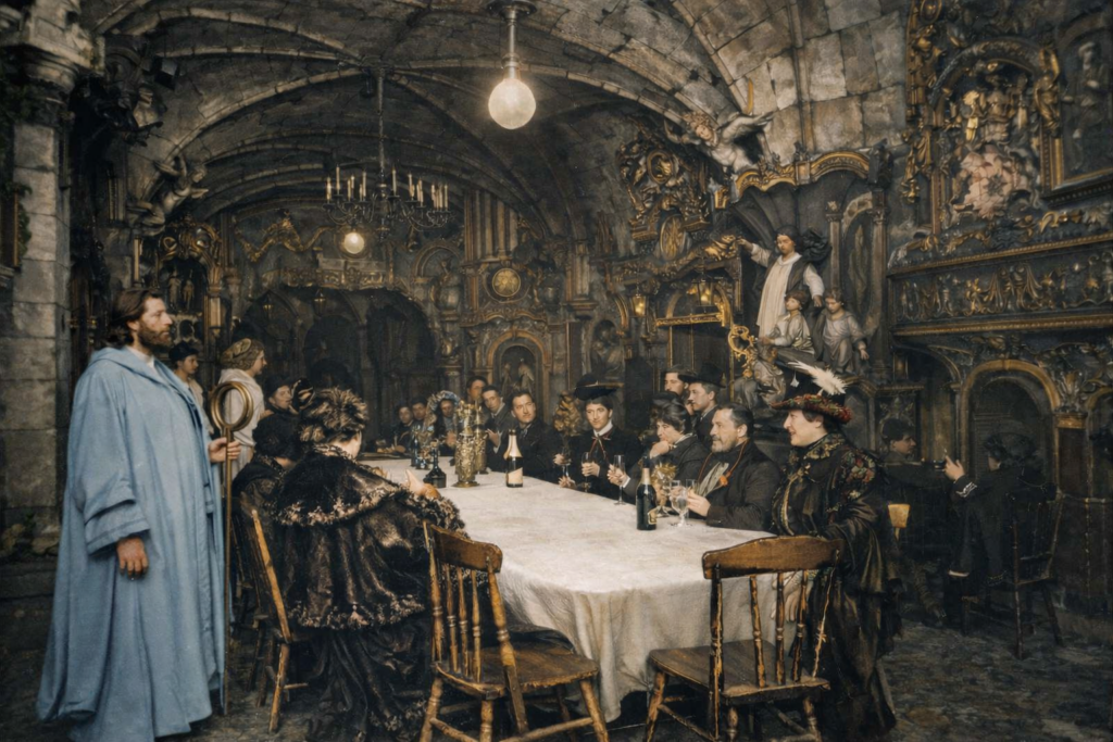 Colorized photograph of the interior of Cabaret du Ciel in Paris, showing patrons seated at a long banquet table within a highly ornate, vaulted Gothic-style hall.
