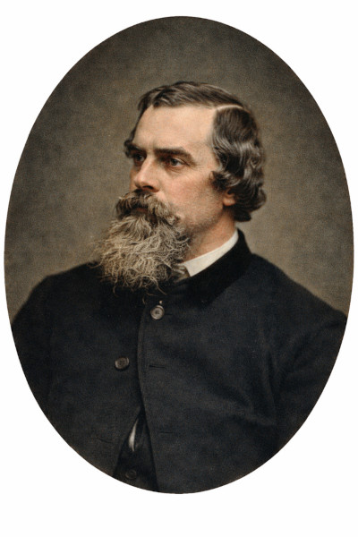 Enhanced color portrait of artist Narcisse-Virgile Diaz de la Peña featuring a prominent grey-flecked beard and dark frock coat.
