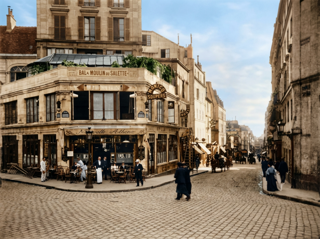 Colorized vintage photograph of the Café de la Nouvelle Athènes on Place Pigalle, Paris, showing patrons seated outdoors and the historic "Bala Moulin du Salette" signage.
