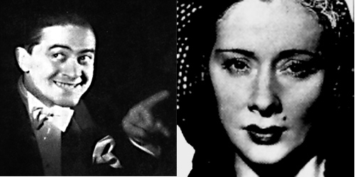 A black-and-white composite image featuring a split-screen portrait: on the left, the cabaret performer O’dett smiles playfully in a tuxedo; on the right, Marcelle Bordas gazes directly at the camera with a serious, soulful expression.