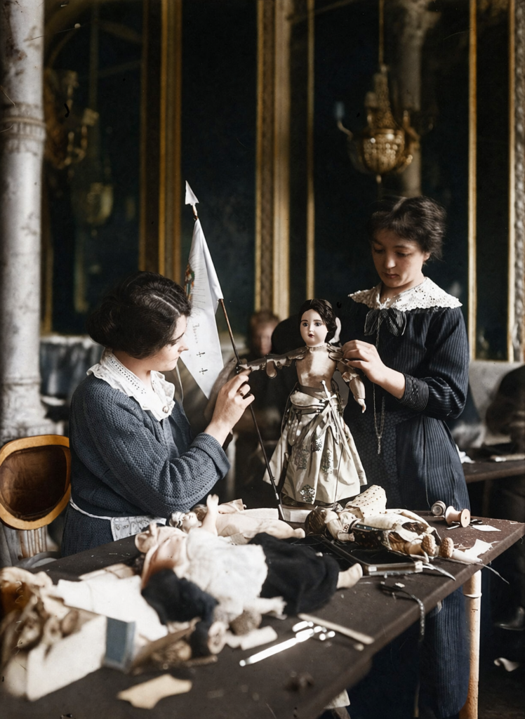 Colorized 1915 photograph of two women in the mirrored salons of l’Abbaye de Thélème dressing a Joan of Arc doll for a puppet exhibition.