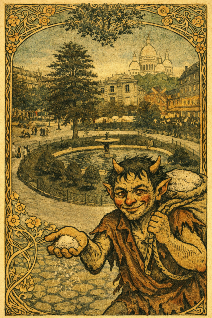 A whimsical Art Nouveau illustration of a mischievous horned creature (Pantagruel) standing at the fountain in Place Pigalle, Montmartre. He holds out a handful of salt with a sly grin while carrying a large sack on his back. In the background is a scenic view of Paris with Sacré-Cœur Basilica on the hill. The entire scene is framed by an ornate floral Art Nouveau border.