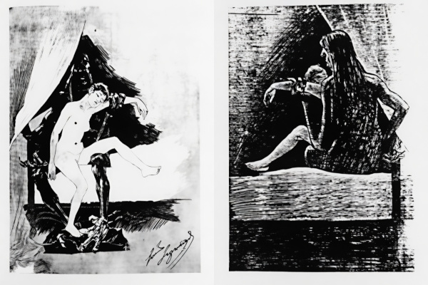 Two stark black-and-white etchings by Louis Legrand titled "Prostitution," depicting a weary nude woman on the left and a seated woman viewed from behind on the right.