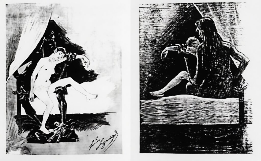 Two stark black-and-white etchings by Louis Legrand titled "Prostitution," depicting a weary nude woman on the left and a seated woman viewed from behind on the right.