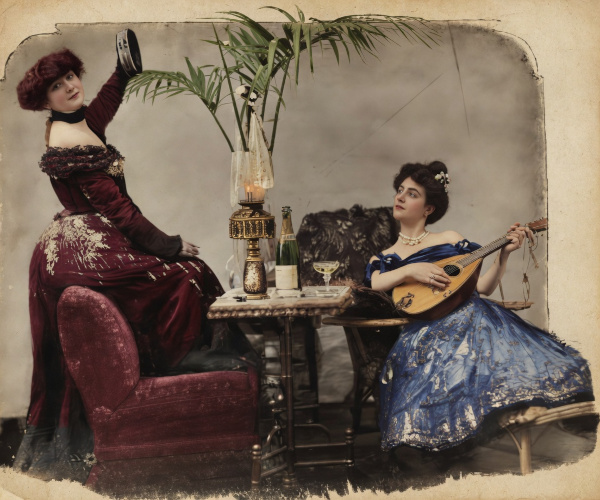 Colorized photograph of two women in Belle Époque evening gowns, one playing a mandolin and the other holding a tambourine, seated at a small table with champagne.