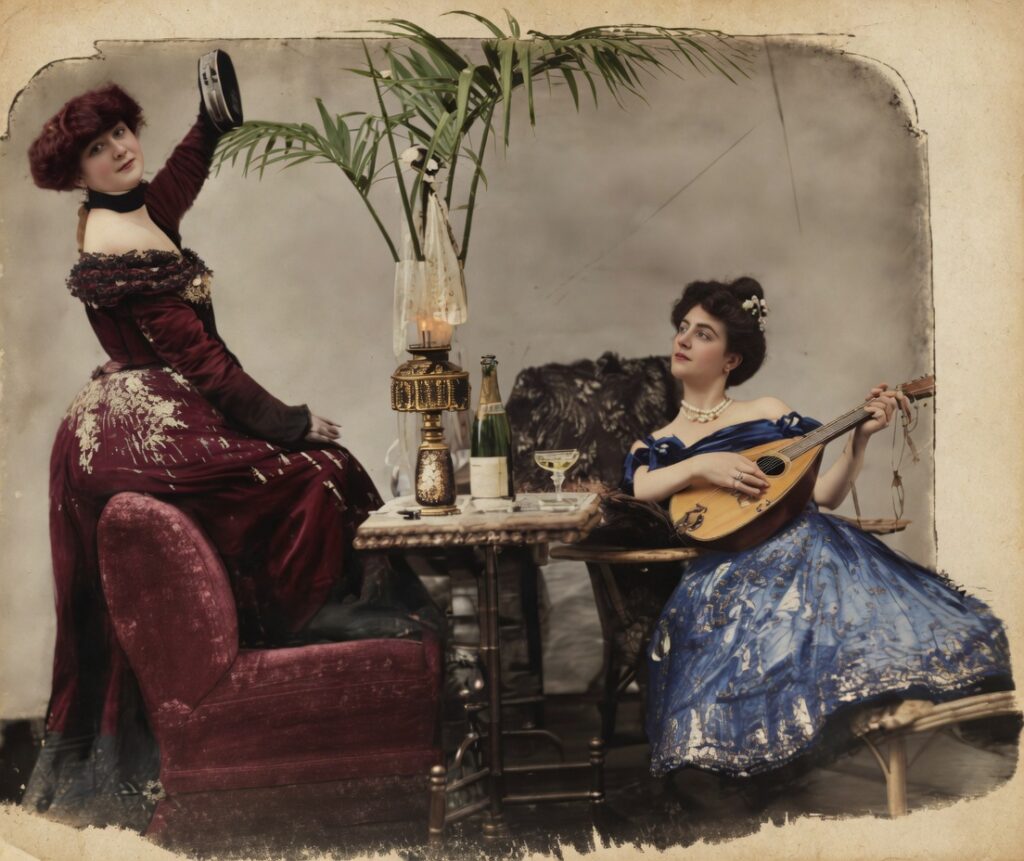 Colorized photograph of two women in Belle Époque evening gowns, one playing a mandolin and the other holding a tambourine, seated at a small table with champagne.