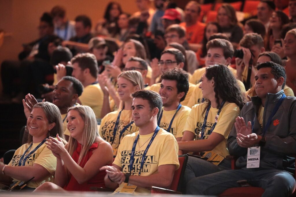 	
Attendees at the Clemson University tour stop of the 2021 Turning Point USA college tour at Memorial Auditorium at Tillman Hall in Clemson, South Carolina.
