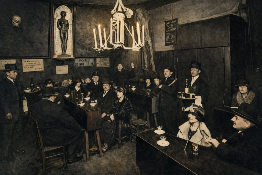 Colorized vintage photo of patrons drinking at coffin-shaped tables in the Cabaret du Néant, featuring a bone chandelier and skull decor.
