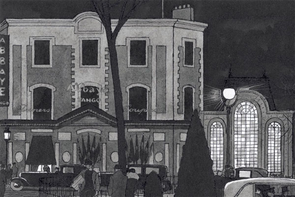 A stylized black-and-white illustration from 1929 showing the exterior of l'Abbaye de Thélème at night, with "Abbaye Tango" signage, vintage cars, and glowing arched windows.
