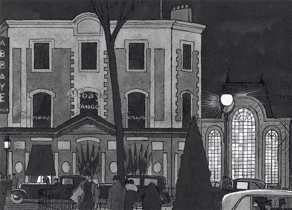 A stylized black-and-white illustration from 1929 showing the exterior of l'Abbaye de Thélème at night, with "Abbaye Tango" signage, vintage cars, and glowing arched windows.