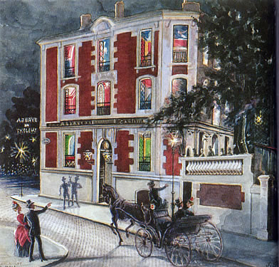 Color Graphic illustration of l'Abbaye de Thélème at night, featuring glowing stained-glass windows, a horse-drawn carriage on the cobblestone street, and elegant patrons at the entrance.