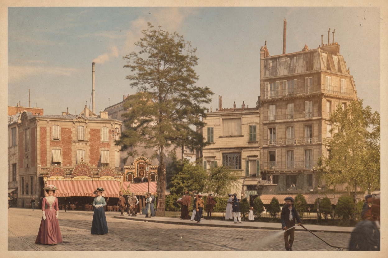 Colorized street-level photograph of Place Pigalle featuring the striped awnings of l'Abbaye de Thélème, period-dressed pedestrians, and a street sweeper at work.