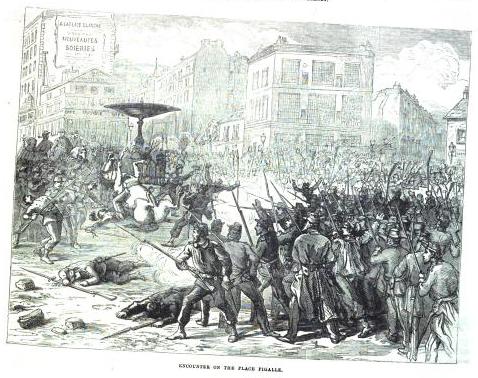 Encounter on the Place Pigalle," a 1871 wood engraving from the Illustrated London News showing fighting at the fountain during the Paris Commune.